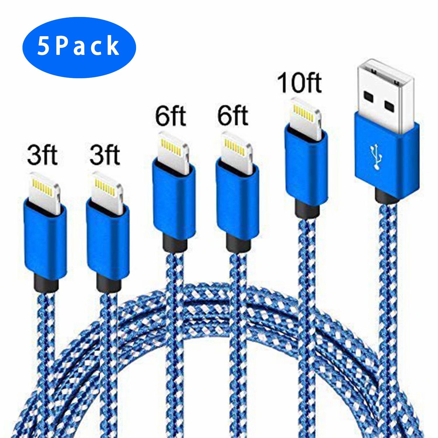 SUGIFT Lightning Cable 5Pack(3/3/6/6/10FT)Fast Cable Nylon Braided Compatible iPhone12/11/Pro/X/Xs Max/XR and More