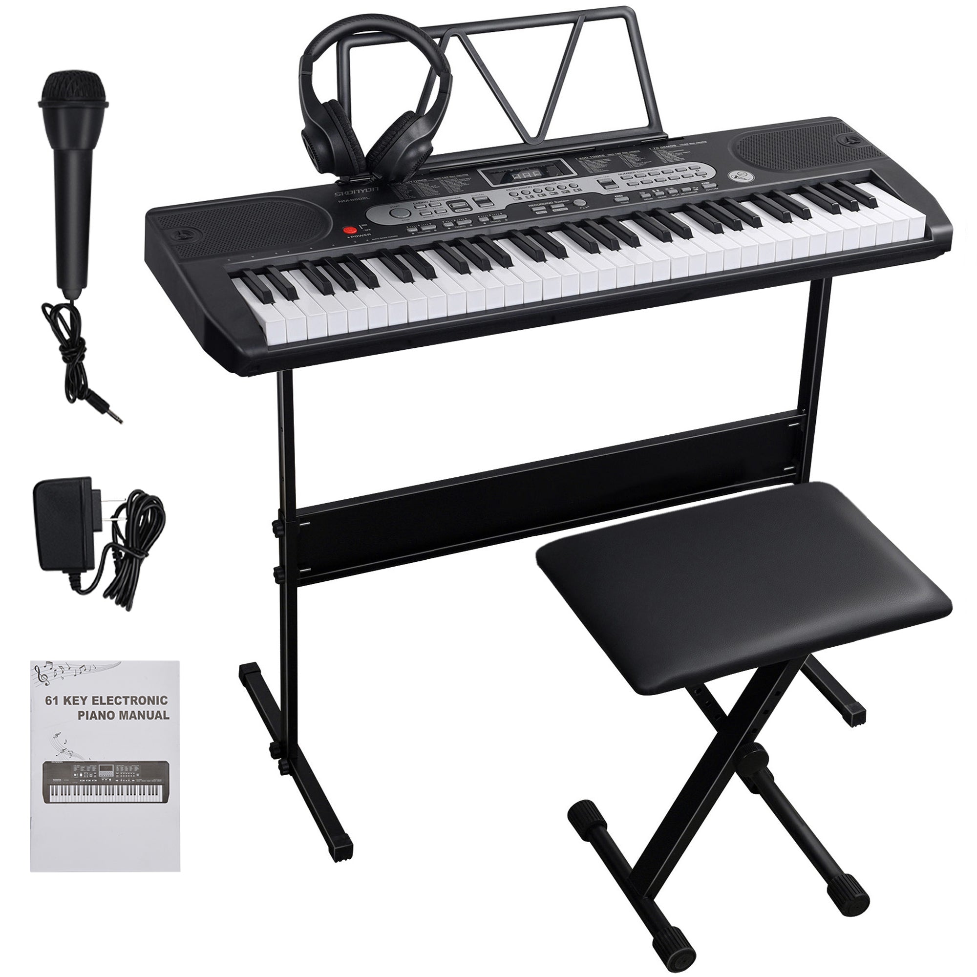 SKONYON 61 Key Piano Keyboard Set Portable Electric Keyboard with Headphone, Stand, Stool & Power Supply