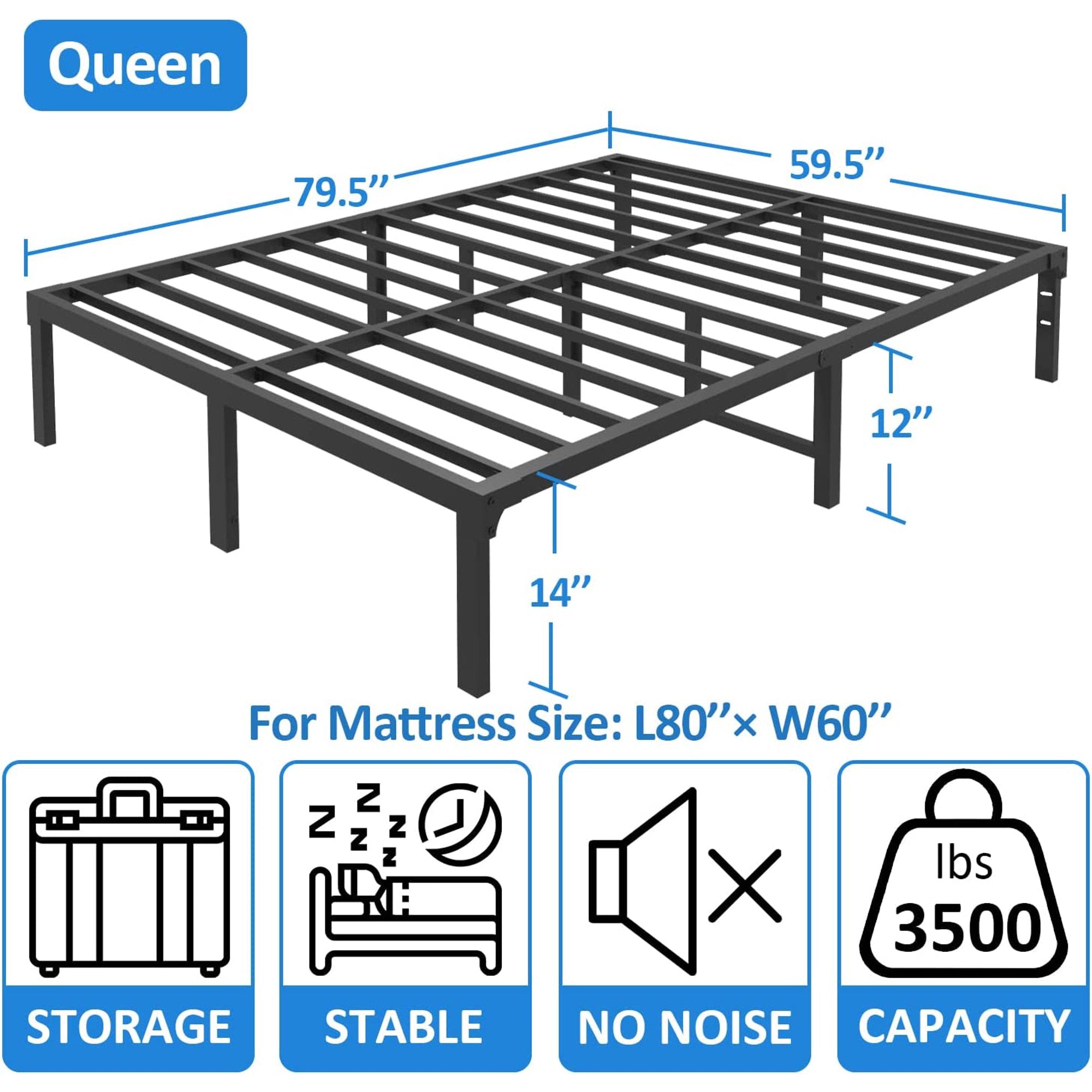 SKONYON 14 Inch Heavy Duty Metal Platform Bed Frame Queen Size