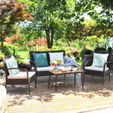 4-Piece Wicker Outdoor Patio Conversation Seating Set with Beige Cushions and Coffee Table