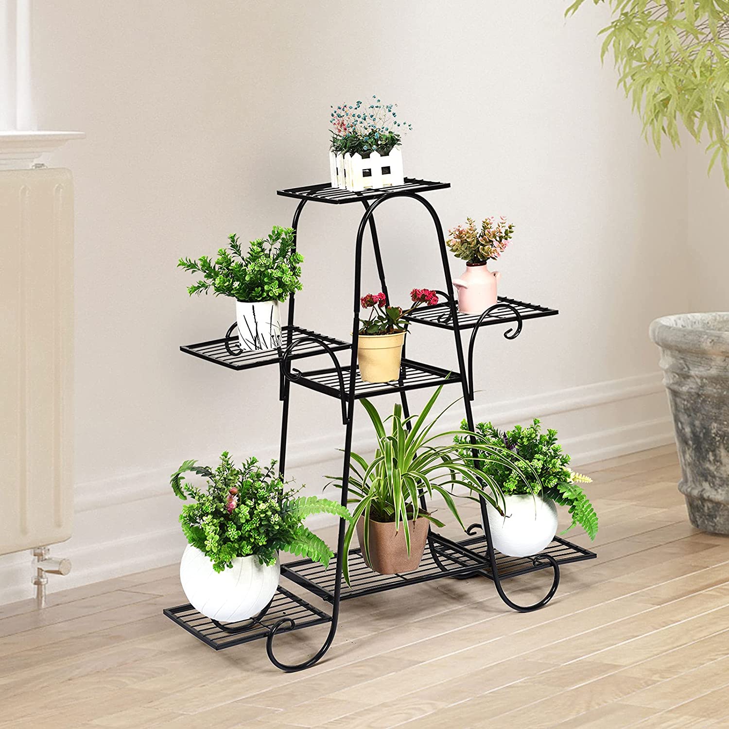 32.5 in. Tall Indoor/Outdoor Black Metal Plant Stand (7 Tiered)