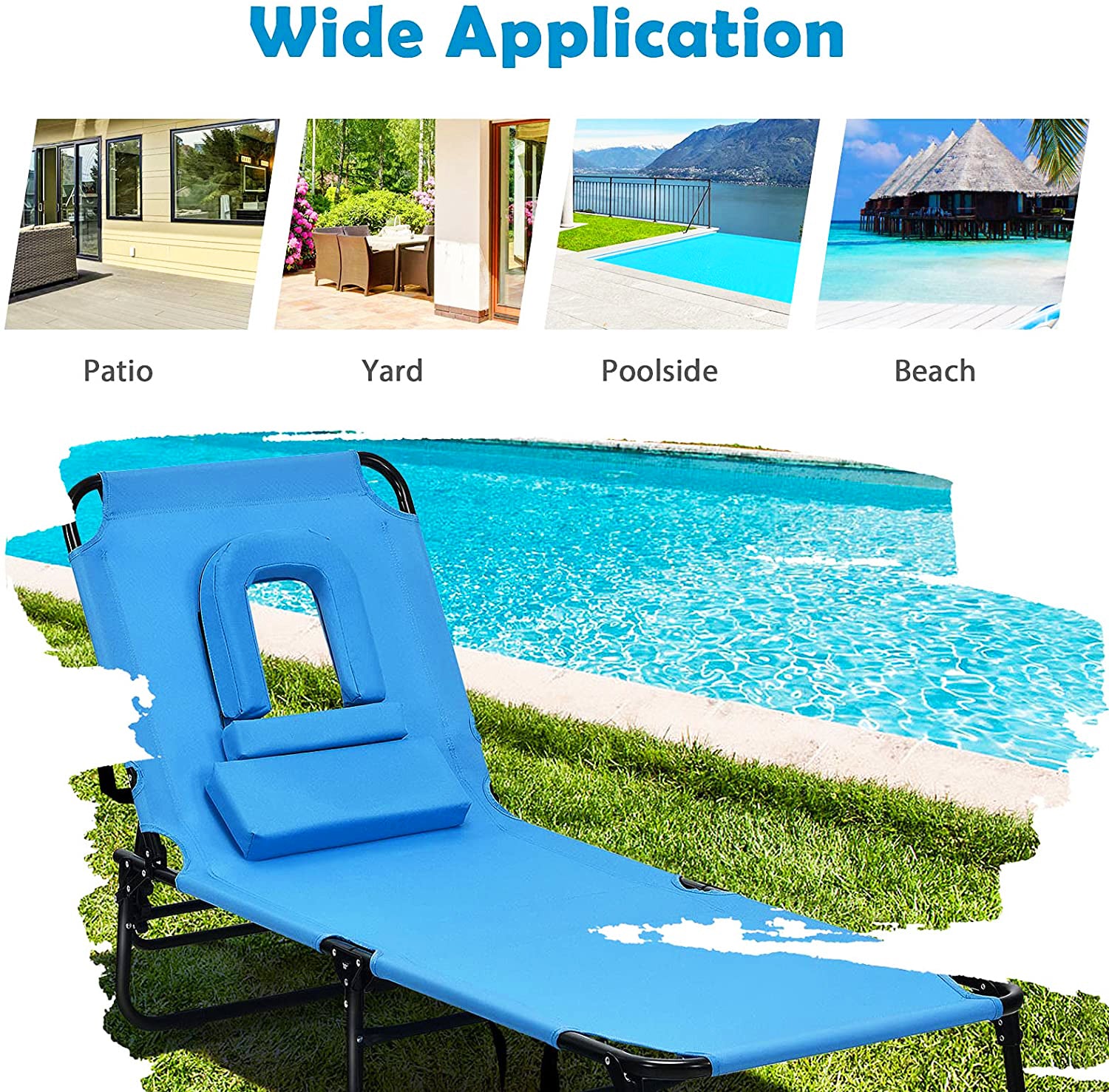 Folding Steel Outdoor Lounge Chair in Blue with Adjustable Back and Hole