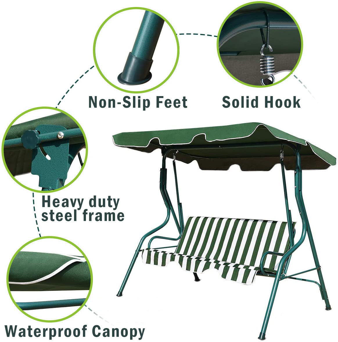 3-Person Outdoor Patio Swing Chair with Removable Cushion and Coated Steel Frame