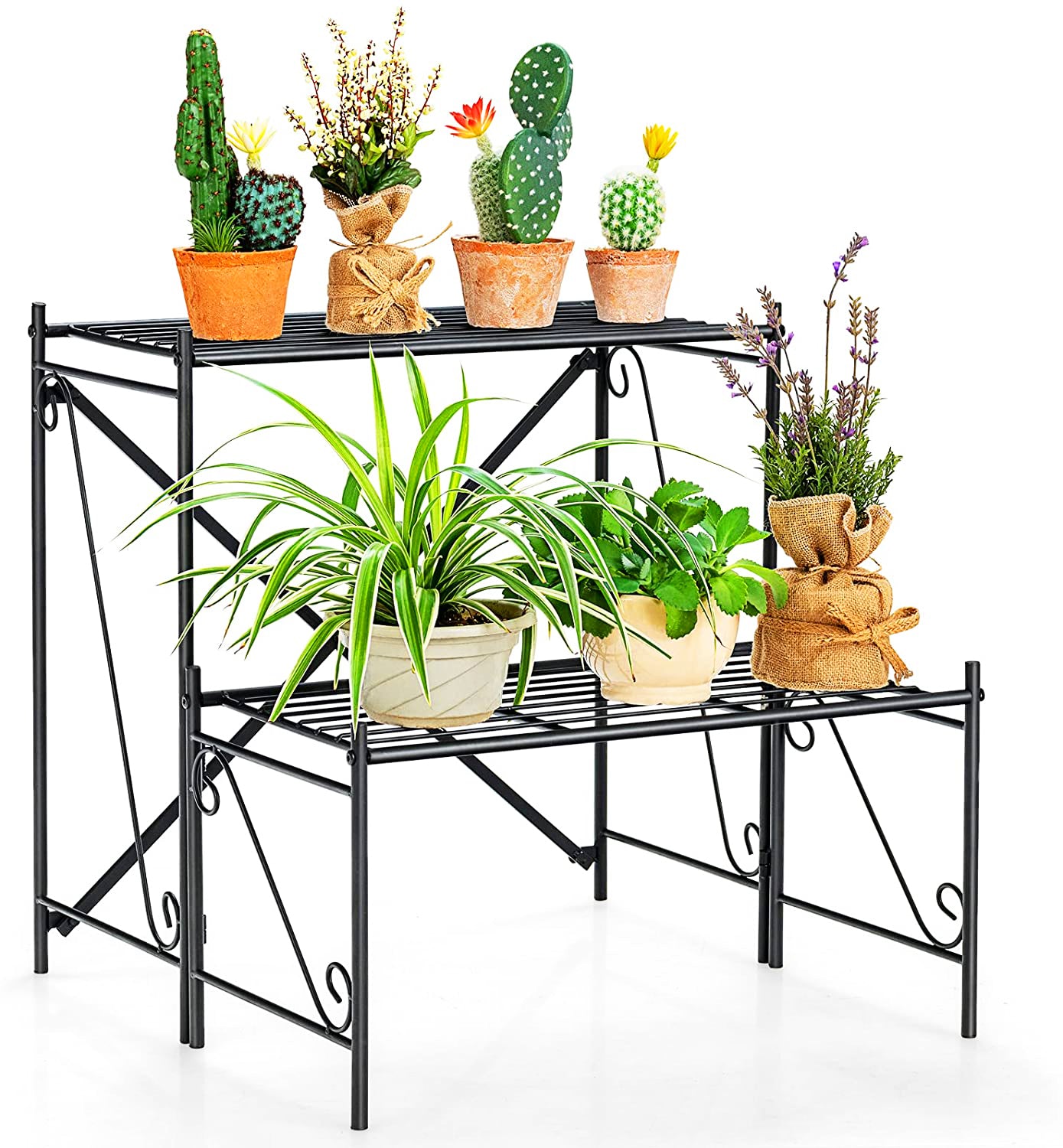 24 in. Tall Outdoor Black Metal Plant Stand (2-Tiered)