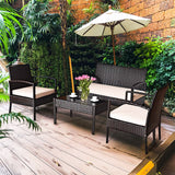 4-Piece Wicker Outdoor Patio Conversation Set with Tan Cushions and Coffee Table