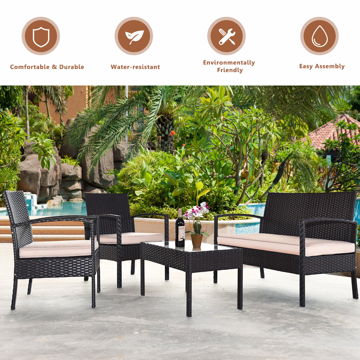 4PCS Patio Rattan Conversation Furniture Set Cushioned Seat Glass