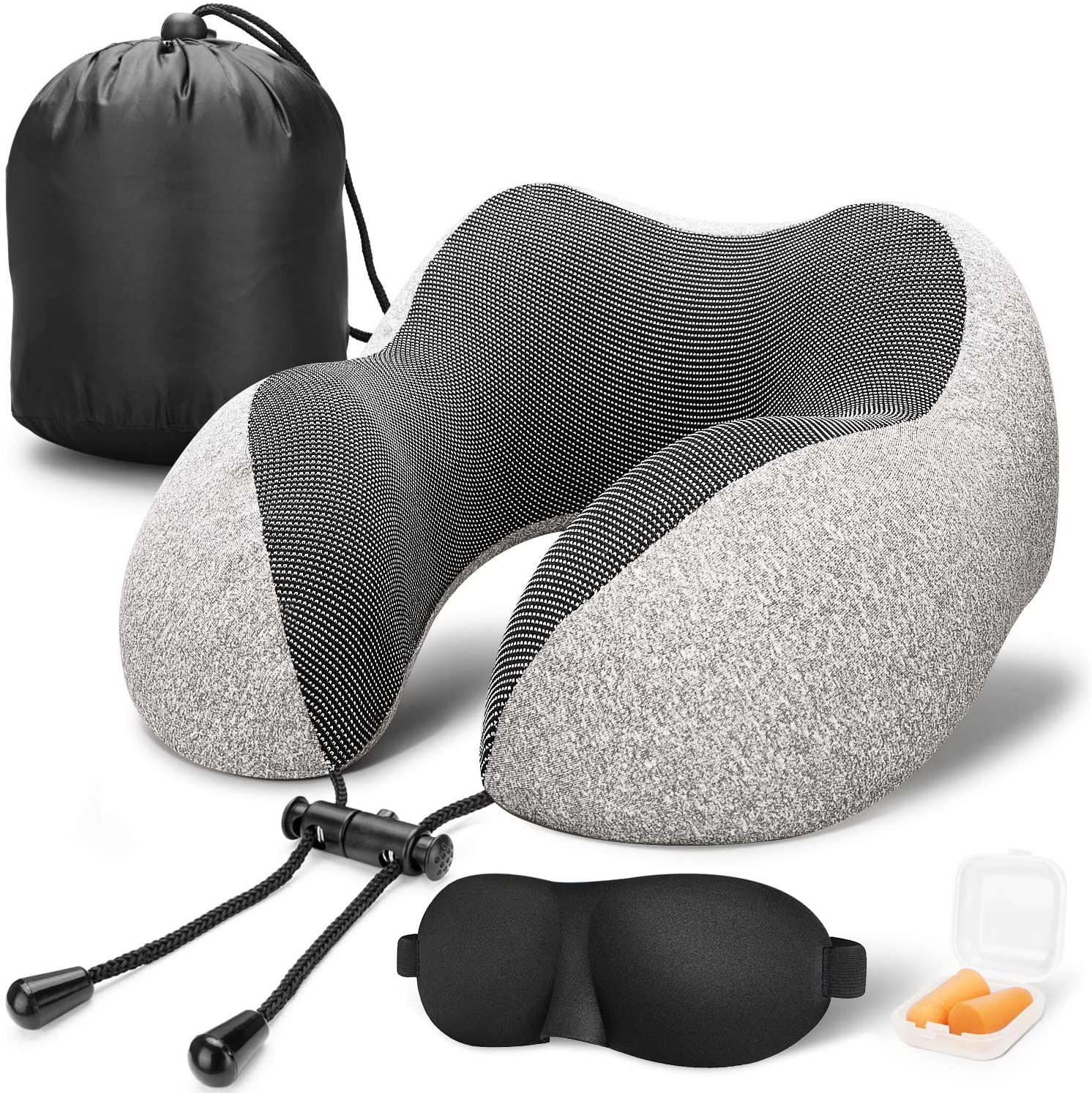 SUGIFT Travel Pillow 100% Pure Memory Foam Neck Pillow, Comfortable & Breathable Cover, Machine Washable, Airplane Travel Kit with 3D Contoured Eye Masks, Earplugs, and Luxury Bag, Standard (Grey)