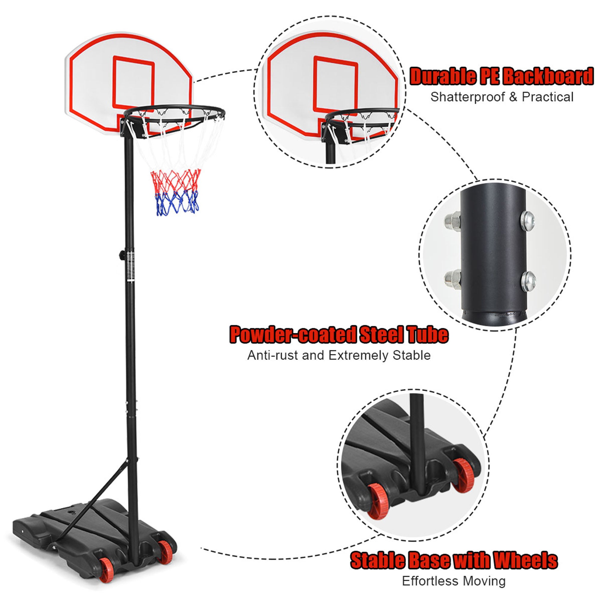 SKONYON Kids Portable Height-Adjustable Sports Basketball Hoop Backboard System Stand with Wheels - Black