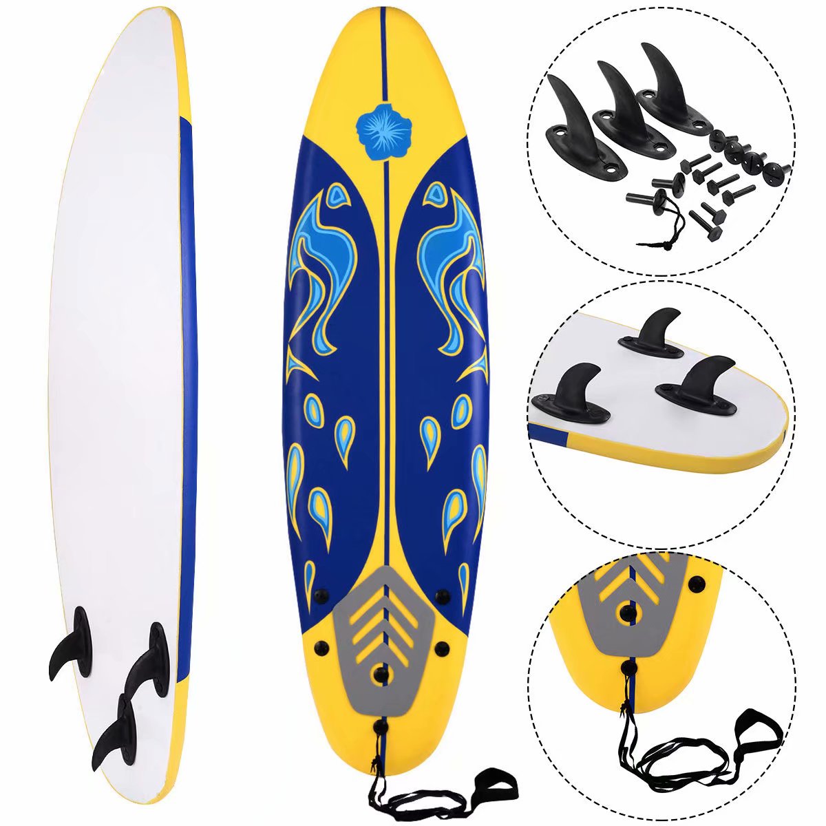 SKONYON 6' Surfboard Surfing Surf Beach Ocean Body Foamie Board with Removable Fins Great Beginner Board for Kids Adults and Children