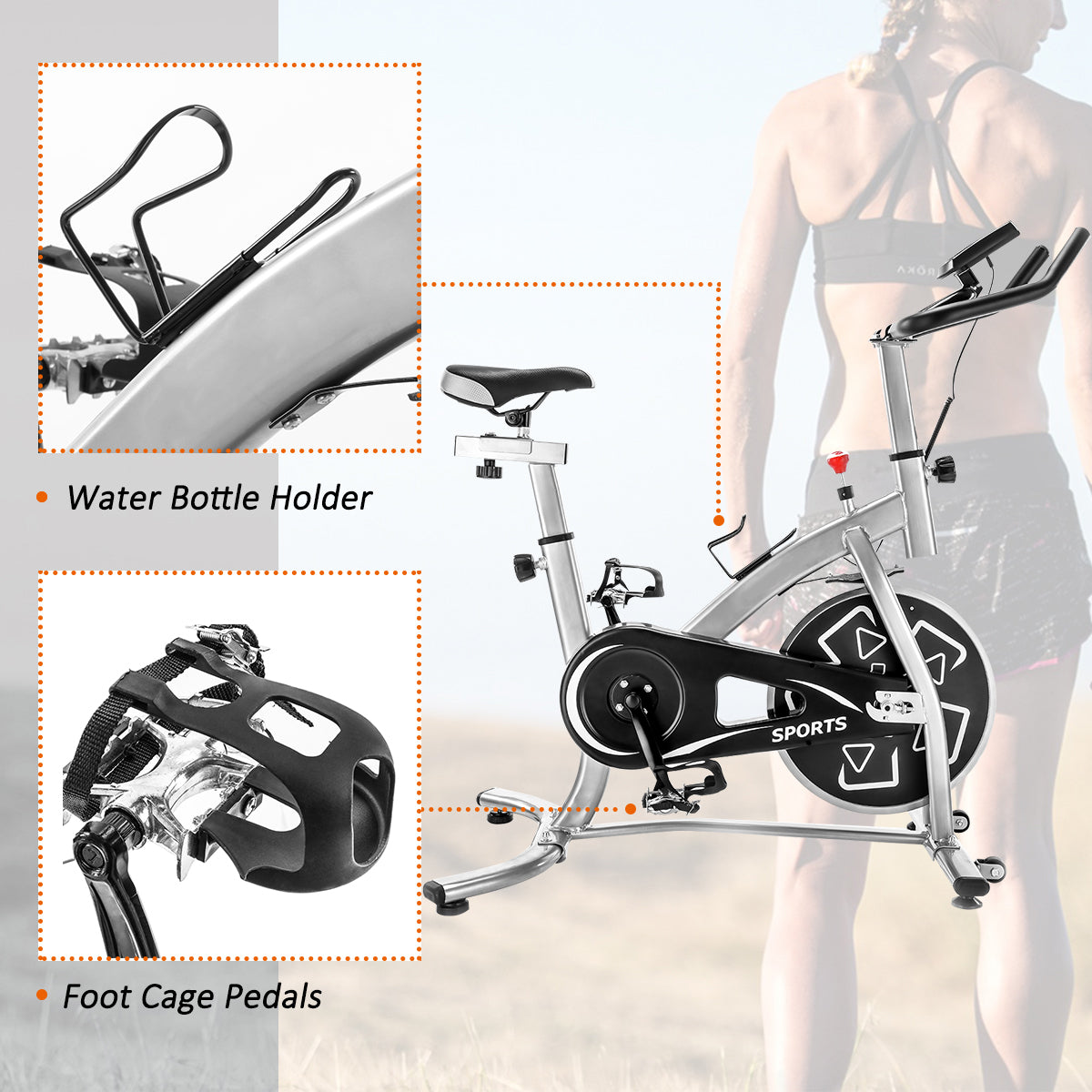 SKONYON Stationary Professional Indoor Cycling Bike S280 Trainer Exercise Bicycle with 24 lbs. Flywheel, SLIVER