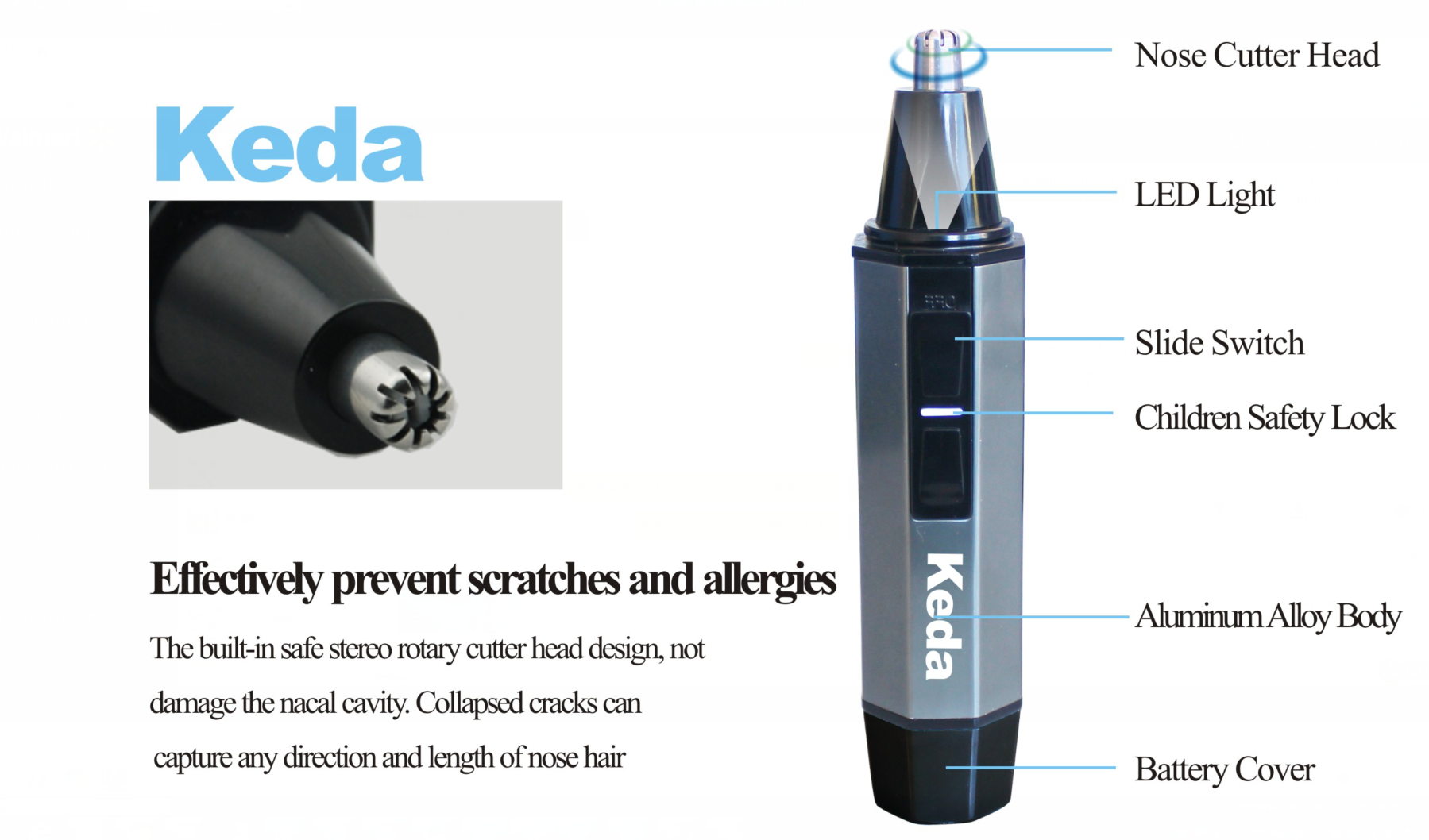 Water Resistant Stainless Steel Nose and Ear Hair Trimmer with LED Light