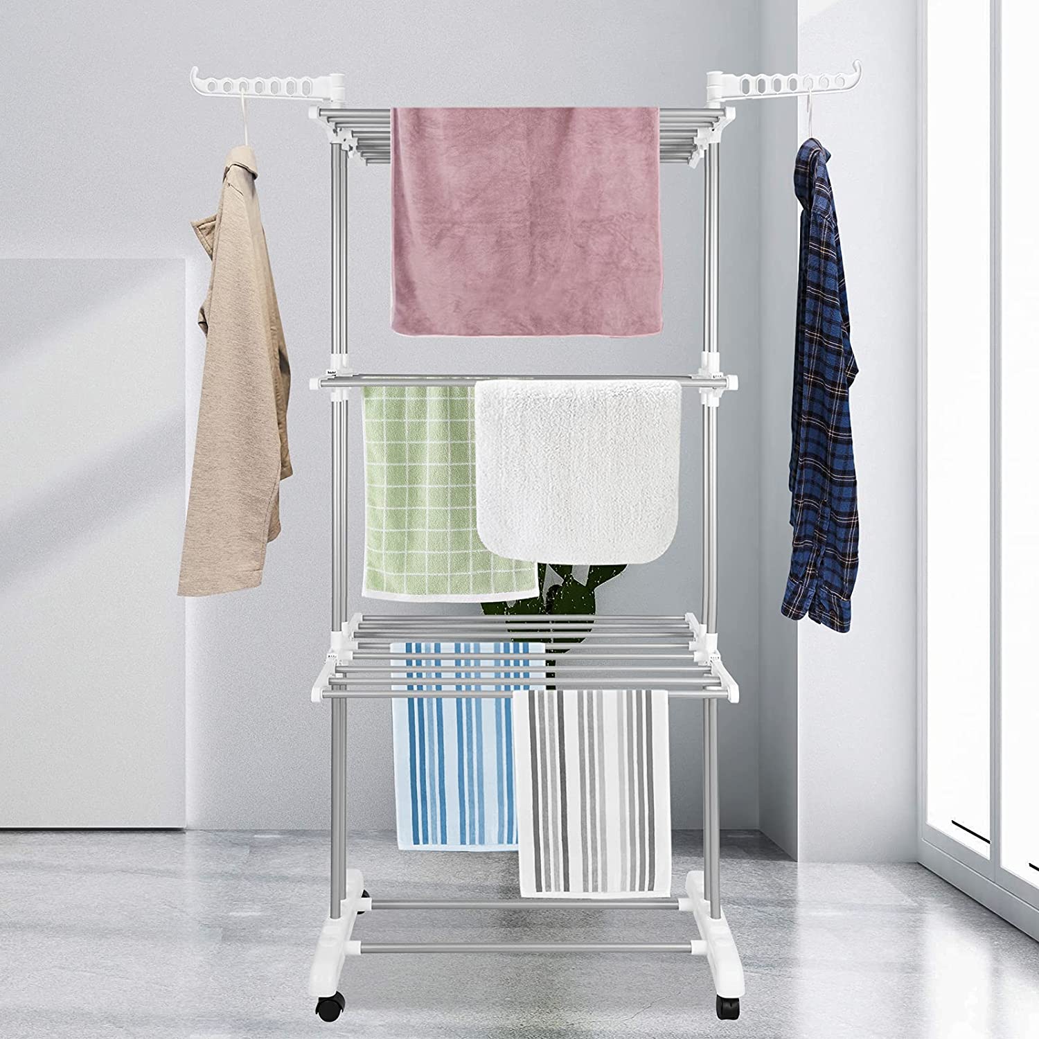 Clothes Drying Racks,Folding Stainless Steel 3-Tier Rolling Collapsibl ...
