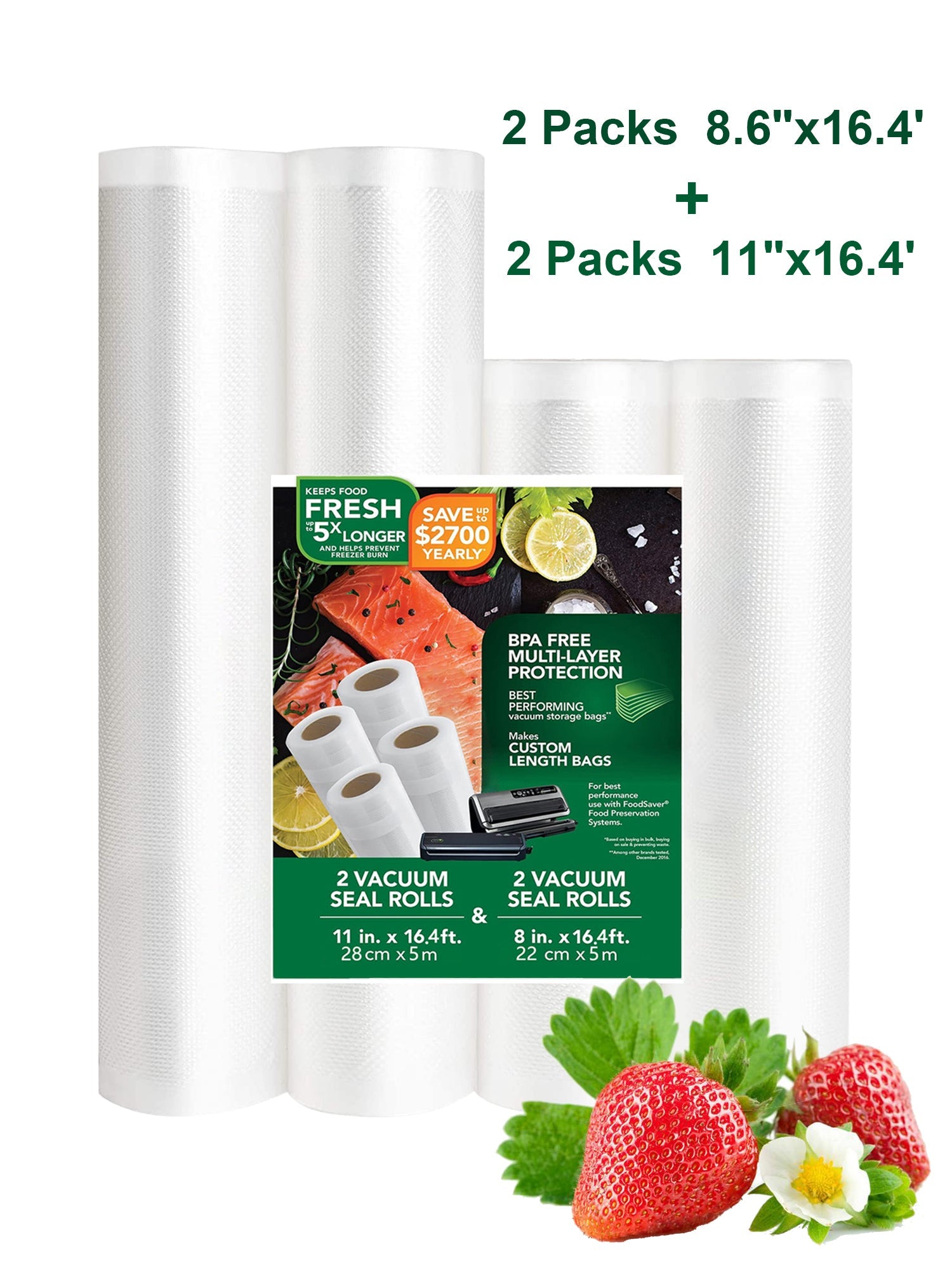 SUGIFT Vacuum Sealer Bags ,4 Rolls, 2 packs 8.6"x16.4 & 2 packs 11"x16.4 for Food Saver, Seal a Meal, Weston. Commercial Grade, BPA Free, Heavy Duty, Great for vac storage, Meal Prep or Sous Vide