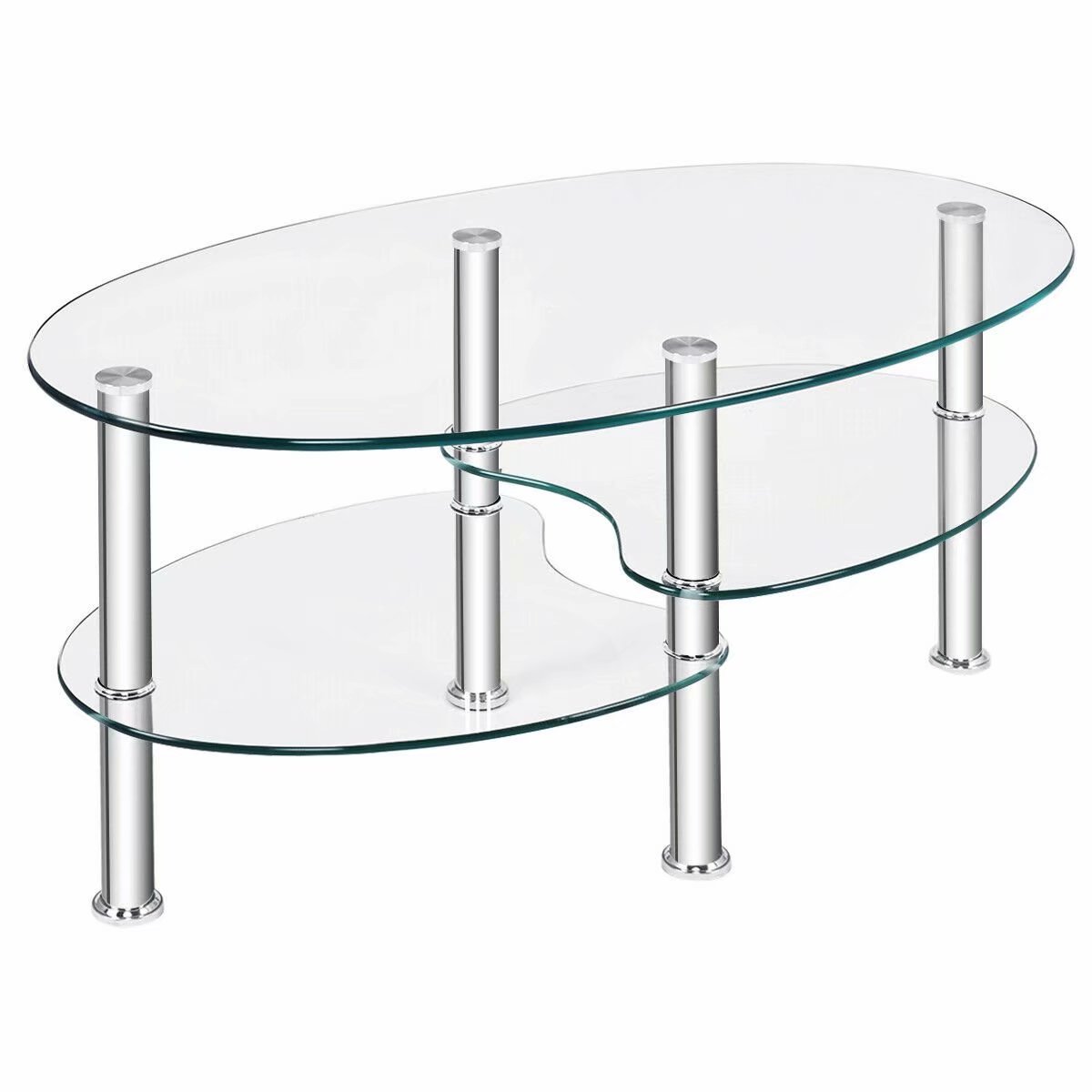 Tempered Glass Oval Side Coffee Table Shelf Chrome Base Living Room Clear