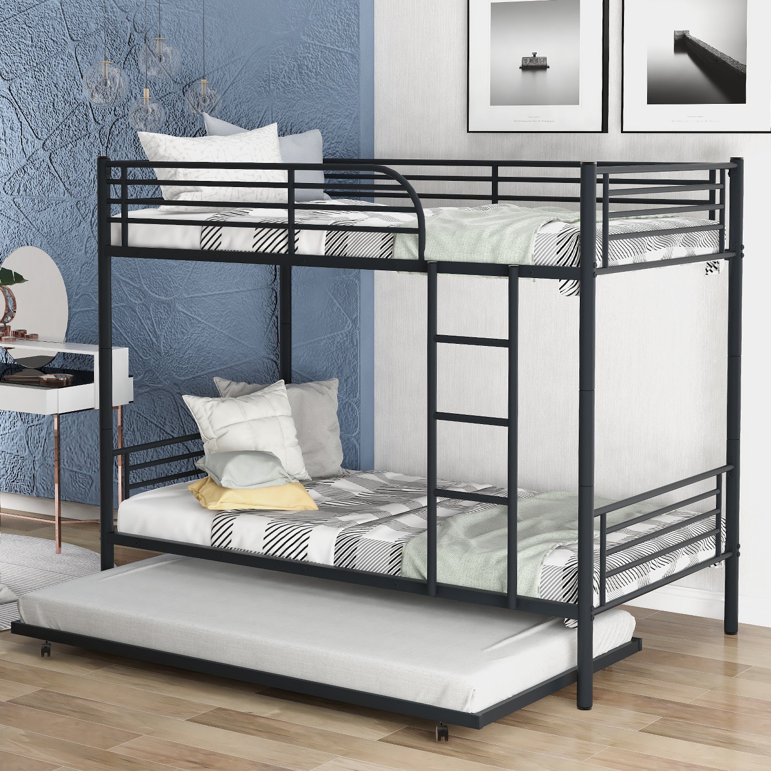 Twin-Over-Twin Metal Bunk Bed With Trundle,Can be Divided into two beds,No Box Spring needed ,Black