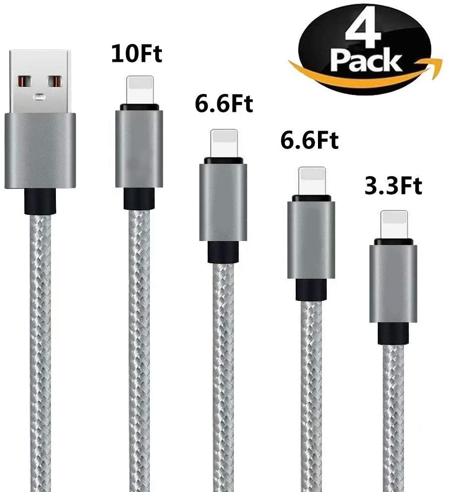 4Pack[3/6/6/10ft] Nylon Braided iPhone Cable&Syncing Long Cord Compatible iPhone 11Pro Max/11Pro/11/XS/Max/XR/X/8/8P/7 and More