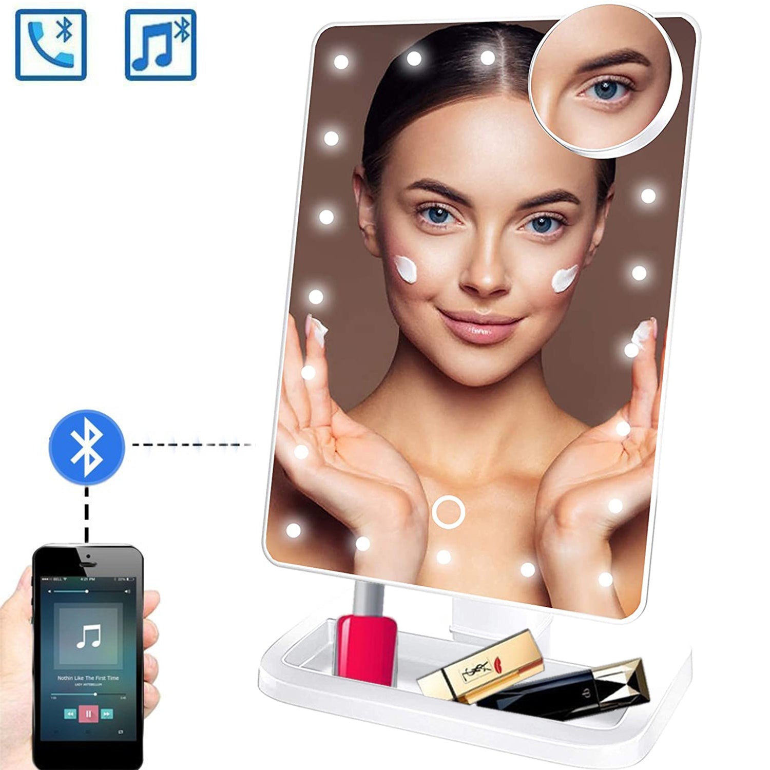SKONYON Lighted Adjustable Brightness Detachable 10X Magnification Spot Makeup/Vanity Mirror with Speakers, Rechargeable, White