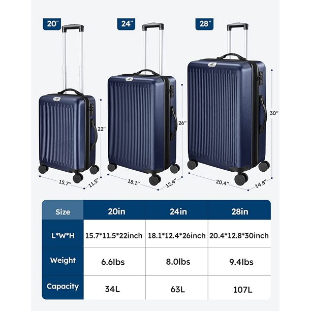 SKONYON Luggage Set 3 Piece Hardside with Spinner Wheels and TSA Lock 20 24 28 inch Suitcase