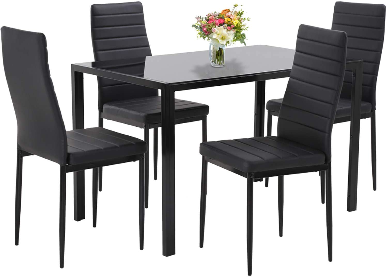 Dining Table Set 5-Piece Kitchen Dining Table Set for Dining Room, Kitchen, Compact Space w/Glass Table Top, 4 Faux Leather Metal Frame Chairs - Black