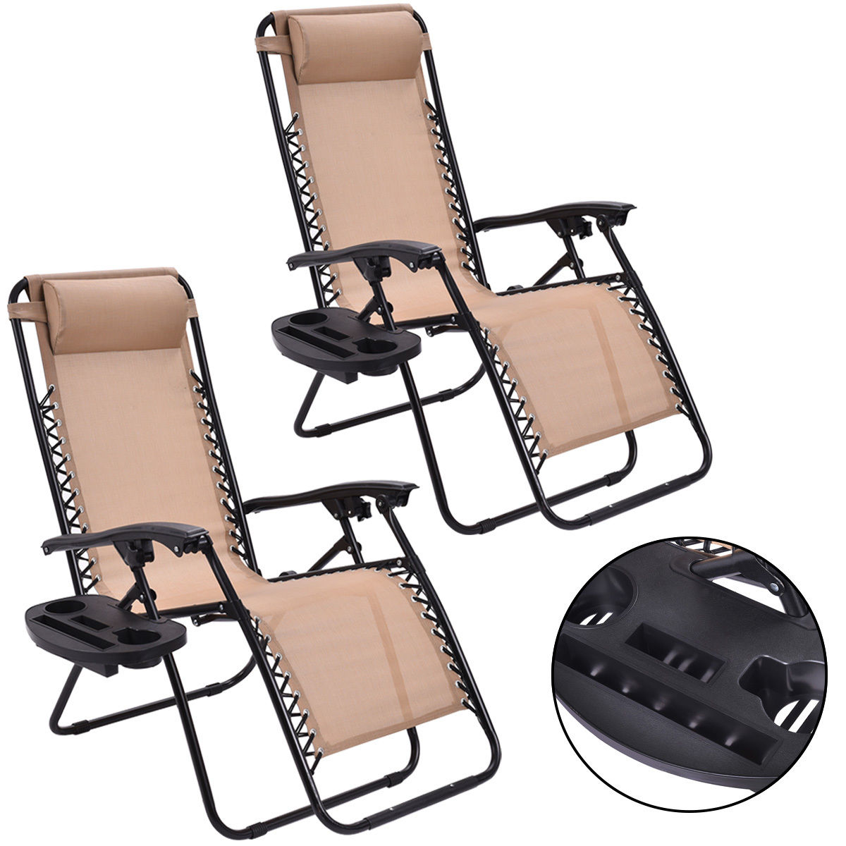 SKONYON 2PC Zero Gravity Chairs Lounge Patio Folding Recliner Beige W/Cup Holder