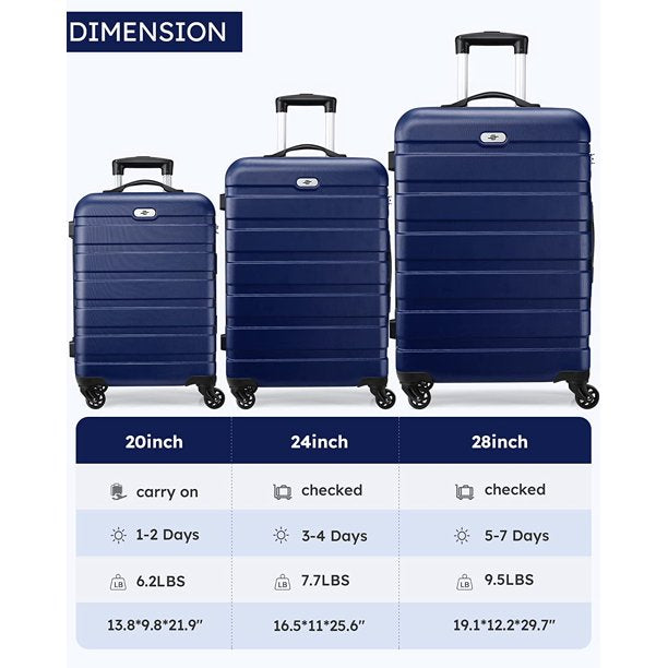 SKONYON Lightweight Spinner Blue 3 Piece Luggage Set with TSA Lock