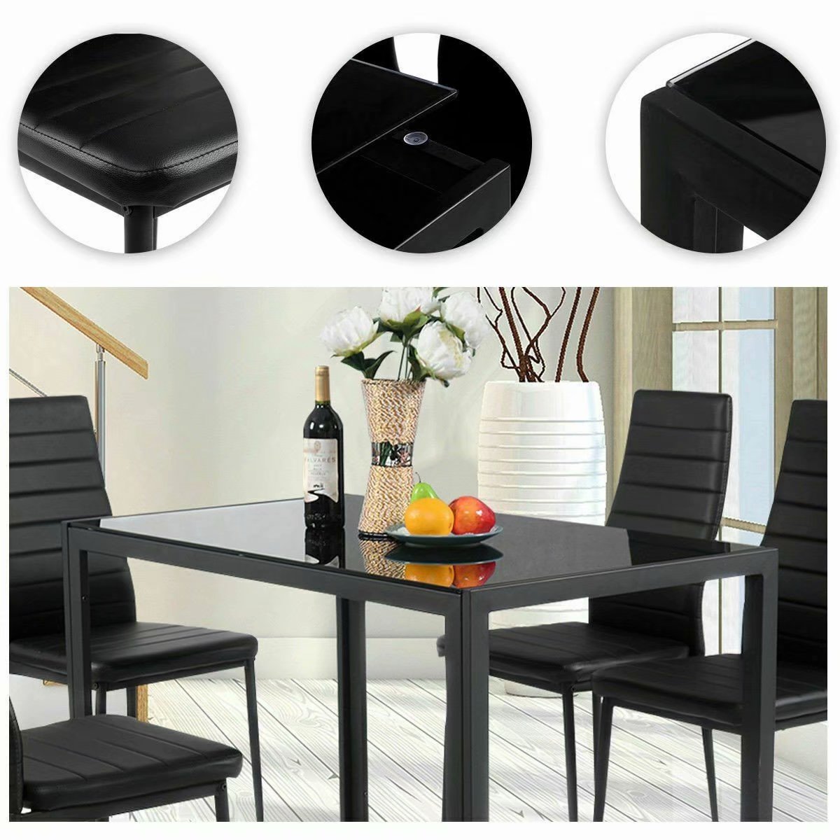 SKONYON DiningTable Set 5-Piece Kitchen Dining Table Set for Dining Room, Kitchen, Compact Space w/Glass Table Top, 4 Faux Leather Metal Frame Chairs - Black