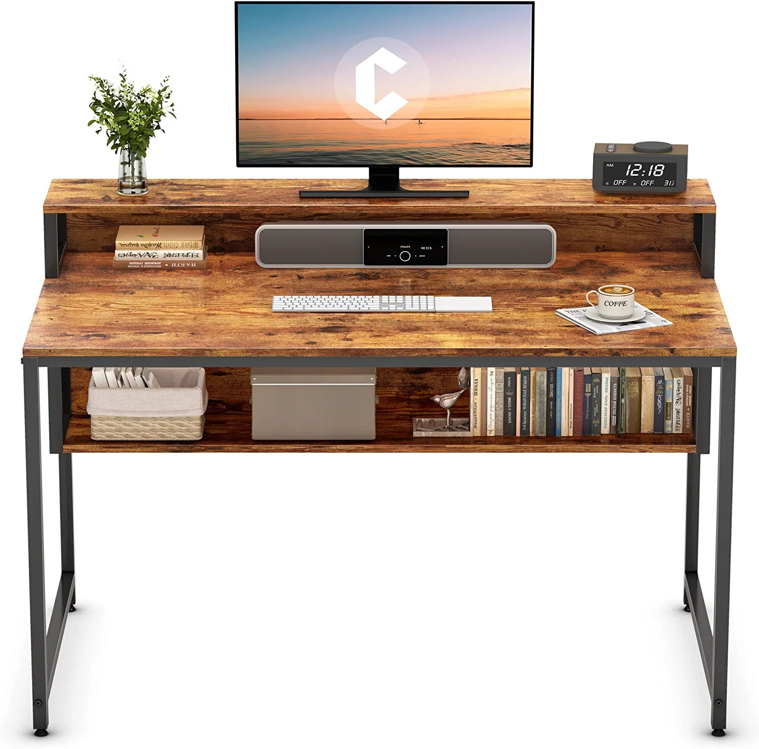 Computer Home Office Desk, 47" Small Desk Table with Storage Shelf and Bookshelf, Study Writing Table Modern Simple Style Space Saving Design, Rustic