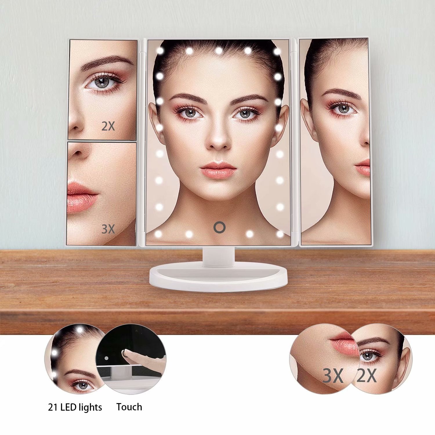 Makeup Mirror Vanity Mirror with Lights, 1X2X 3X Magnification, Touch Screen Switch, Dual Power Supply, Portable Trifold Makeup Mirror Cosmetic Lighted Up Mirror