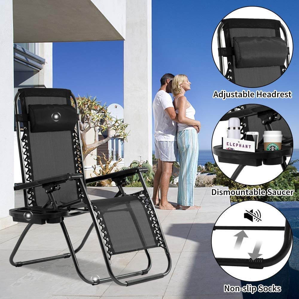 SKONYON Zero Gravity Chairs Lounge Patio Folding Recliner Beige W/Cup Holder,set of 2