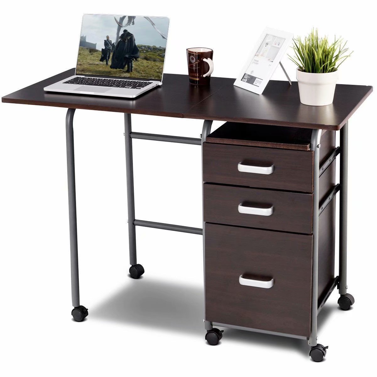 SKONYON Adult Contemporary Rectangle Portable Computer Desks with 2 Box Drawer/1 File Drawer Removable Adjustable Height, Brown
