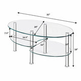 Tempered Glass Oval Side Coffee Table Shelf Chrome Base Living Room Clear