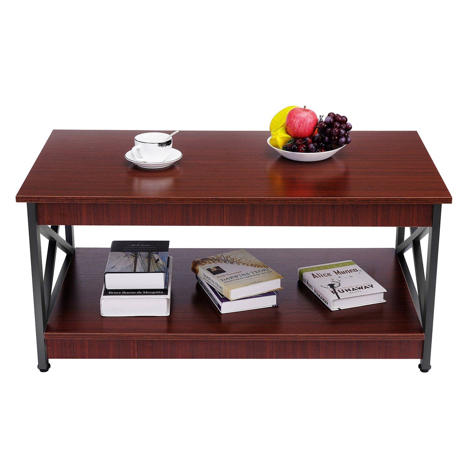 Wood 2-Tier Coffee Table with Storage Shelf for Living Room, X Design Accent Cocktail Table, Easy Assembly Home Furniture
