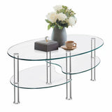 Tempered Glass Oval Side Coffee Table Shelf Chrome Base Living Room Clear