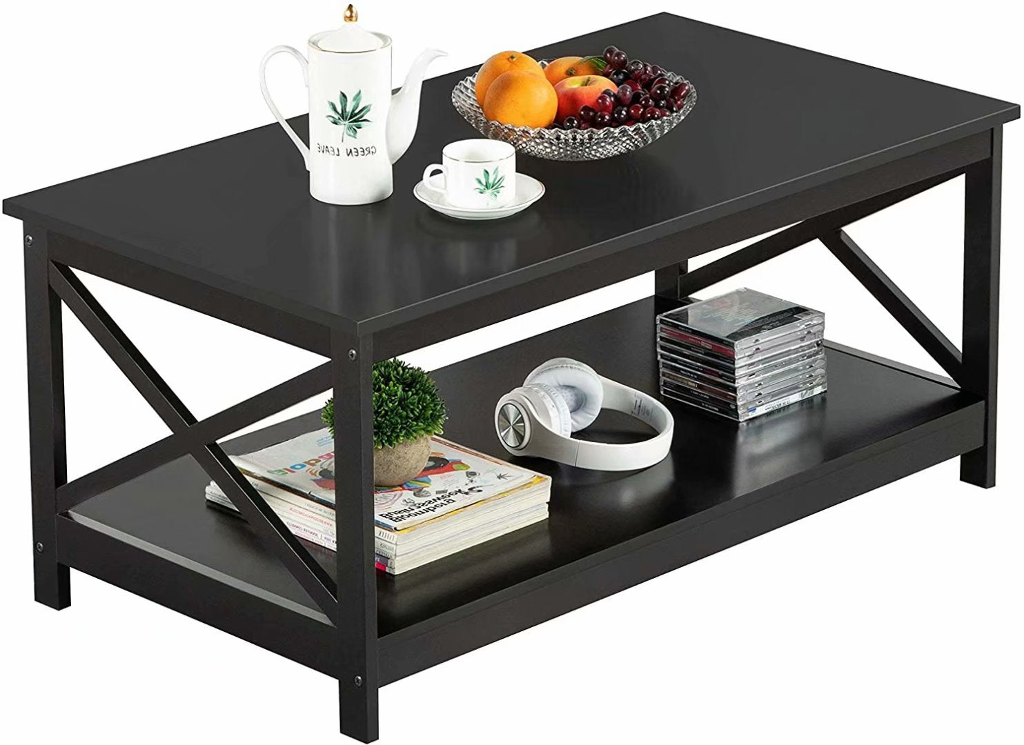 Wood 2-Tier Black Coffee Table with Storage Shelf for Living Room, X Design Accent Cocktail Table, Easy Assembly Home Furniture