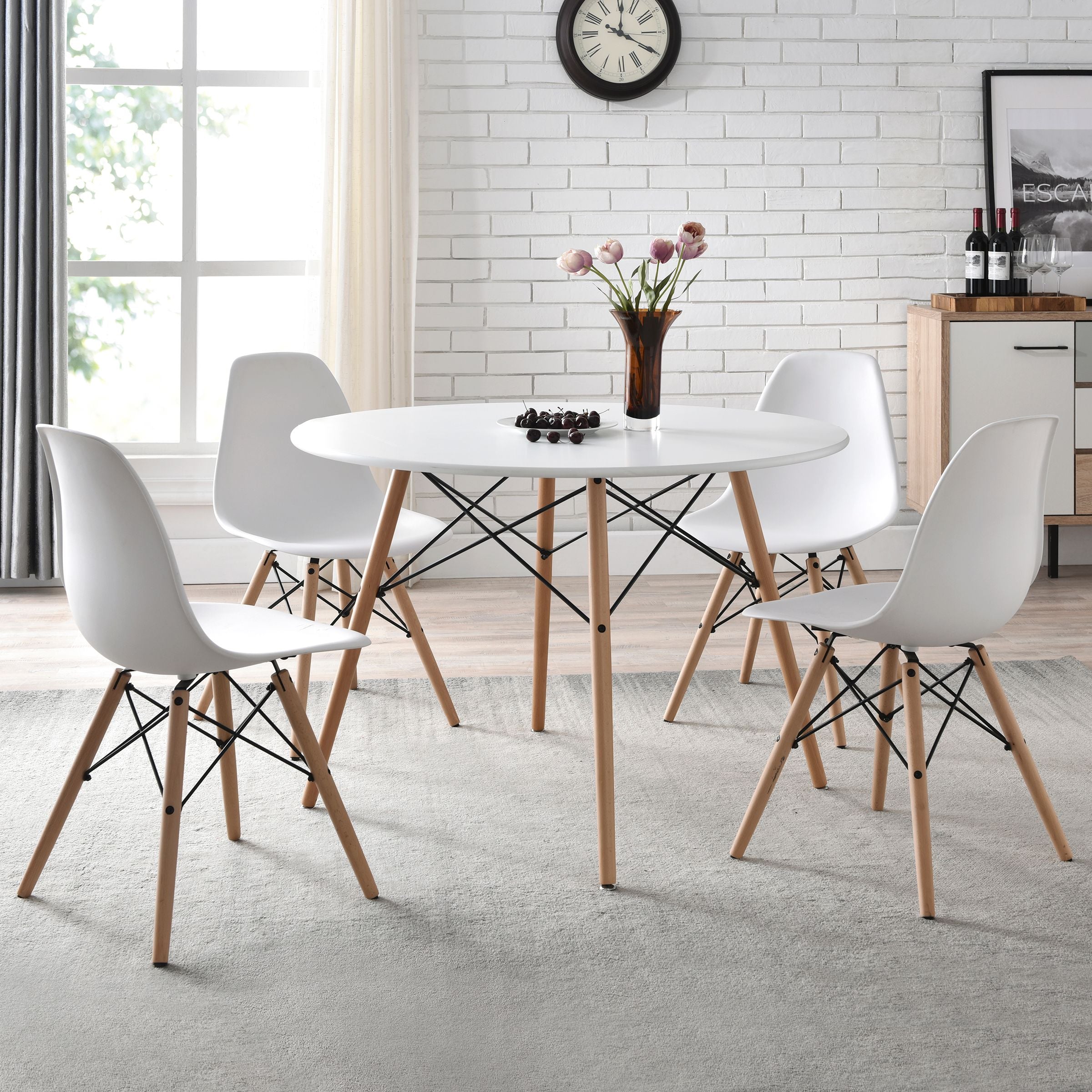 SKONYON Set of 4 Mid Century Modern Dining Chairs w/ Wood Legs, Molded Plastic Shell - White
