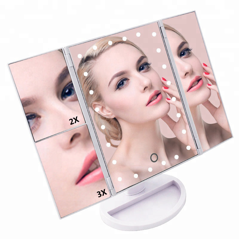 Makeup Mirror Vanity Mirror with Lights, 1X2X 3X Magnification, Touch Screen Switch, Dual Power Supply, Portable Trifold Makeup Mirror Cosmetic Lighted Up Mirror